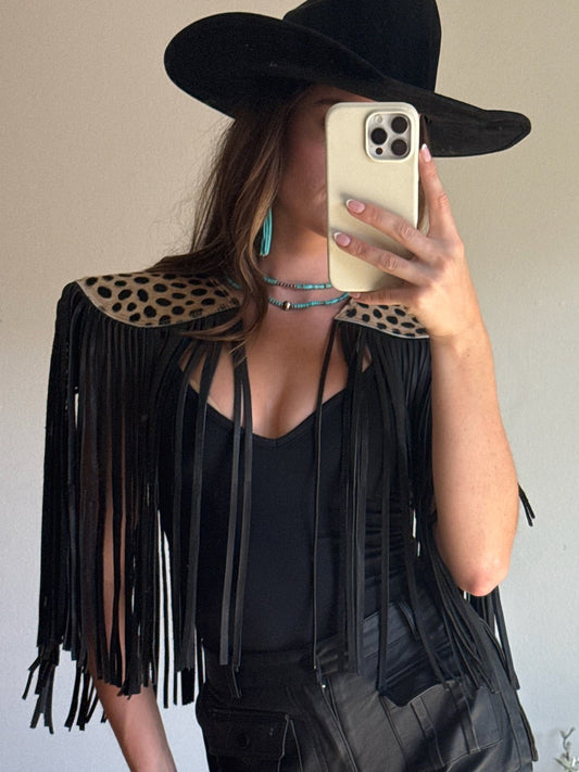 Cowhide Fringe Shawl in Leopard