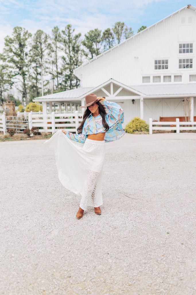 BEST SELLER!! Horseprint Satin Top in Blue