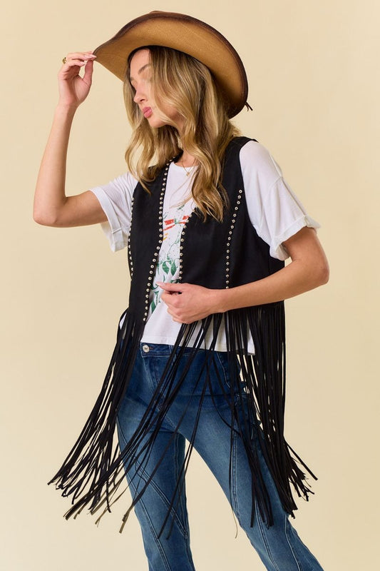 "Shania" Studded Suede Fringe Vest Shawl in Black