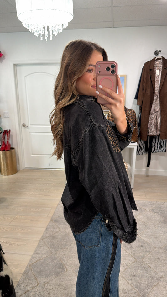 LIMITED EDITION!! Designer Repurposed Denim Shirt w/ Designer Scarf Pocket & Cuff