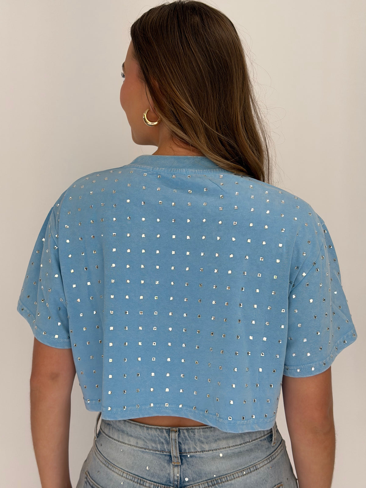 FINAL SALE!! The “Dallas" Cropped Rhinestone Tee in Blue