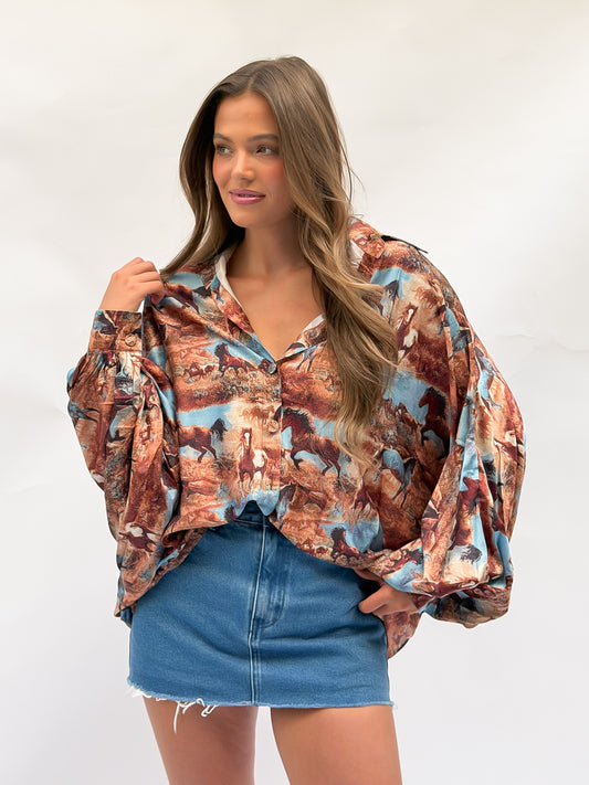 Horseprint Satin Top in Brown Multi