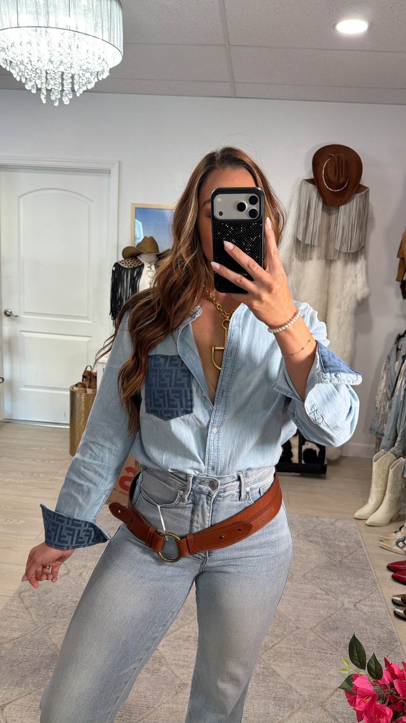 Designer Repurposed Denim Shirt w/ Designer Blue Scarf