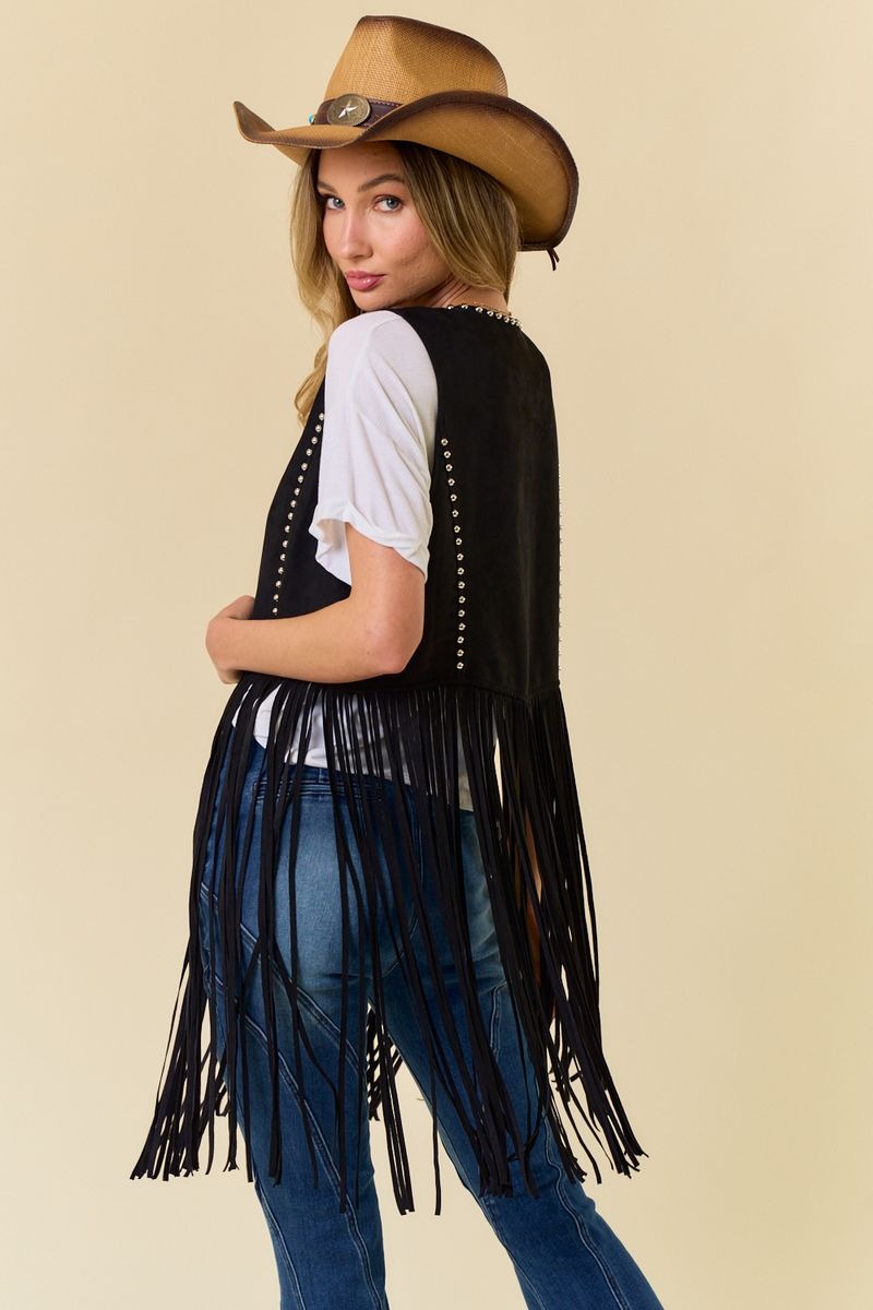 "Shania" Studded Suede Fringe Vest Shawl in Black