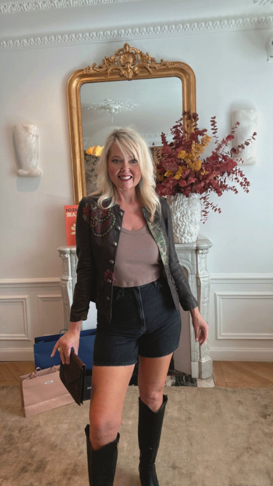 NEW!! Vintage Brown Leather Embroidered Jacket - Size Small