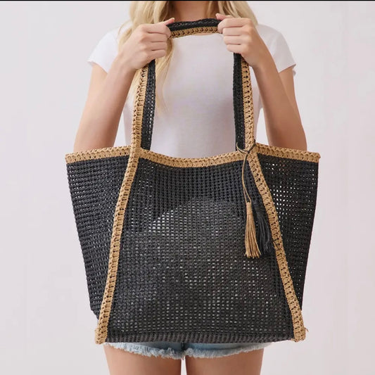 "Cannes Coast" Straw Tote Bag in Black