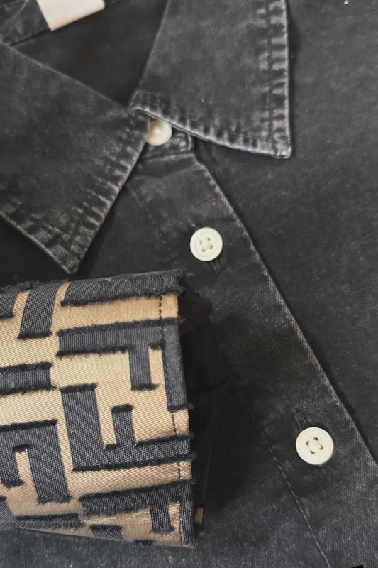 Designer Repurposed Denim Shirt w/ Designer Scarf Pocket & Cuff