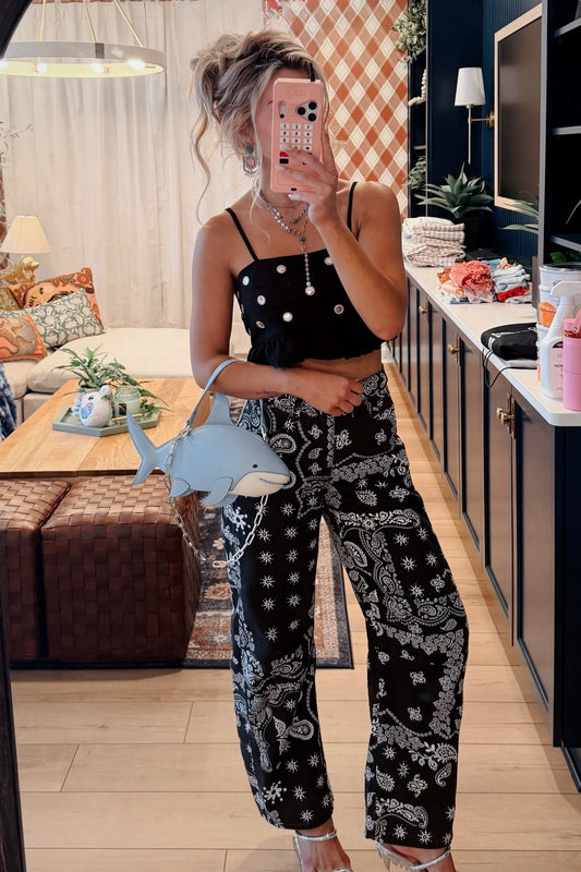 AS SEEN ON CASSIDY! Bandana Print Barrel Leg Pants in Black