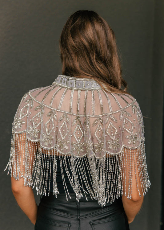 "VIP" Beaded Fringe Cape in Silver