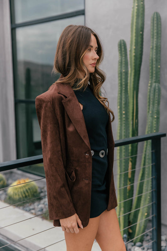 The Colette Suede Oversized Blazer - Dark Brown