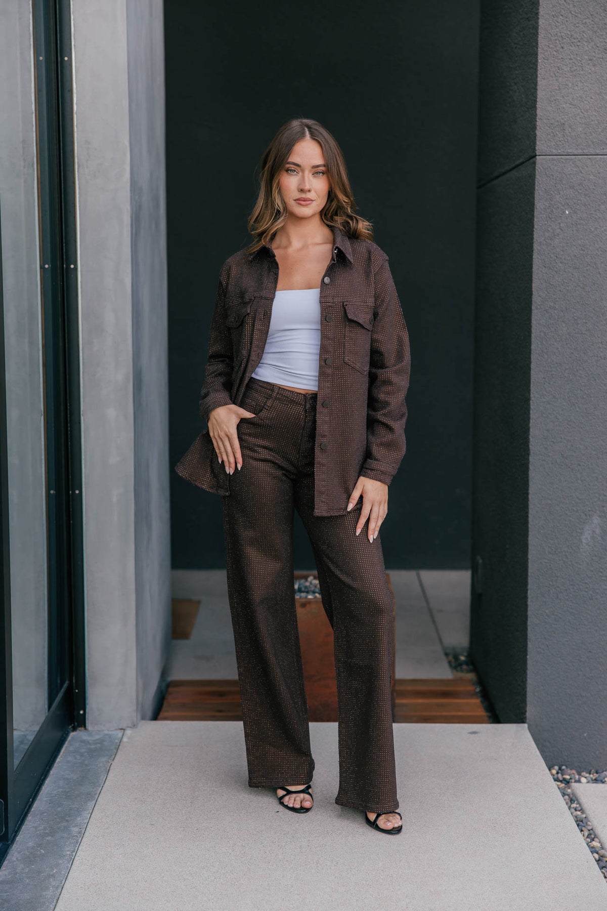 "Statement Made" Rhinestone Denim Jacket - Brown