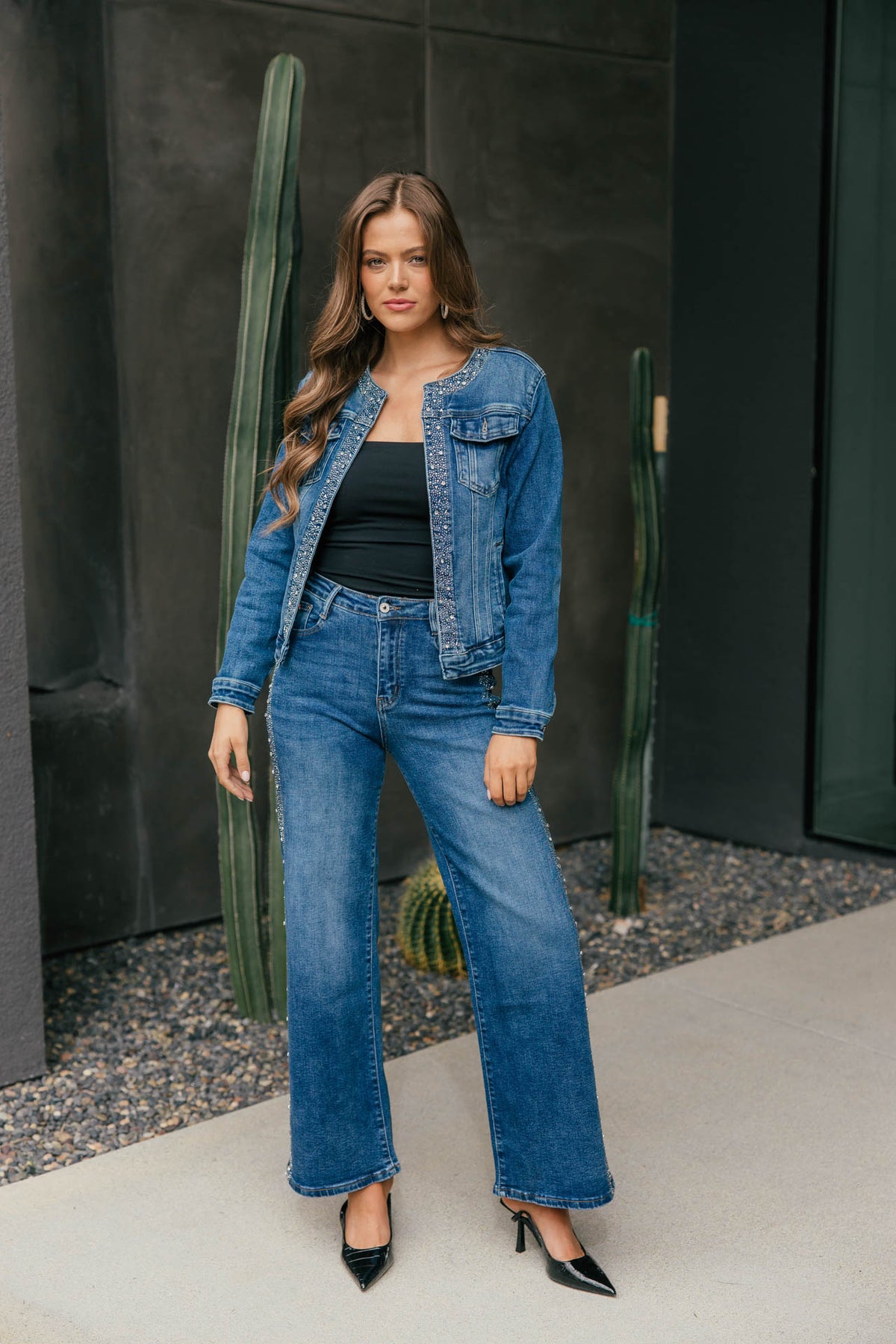 The "After Dark" Rhinestone Denim Jacket - Denim
