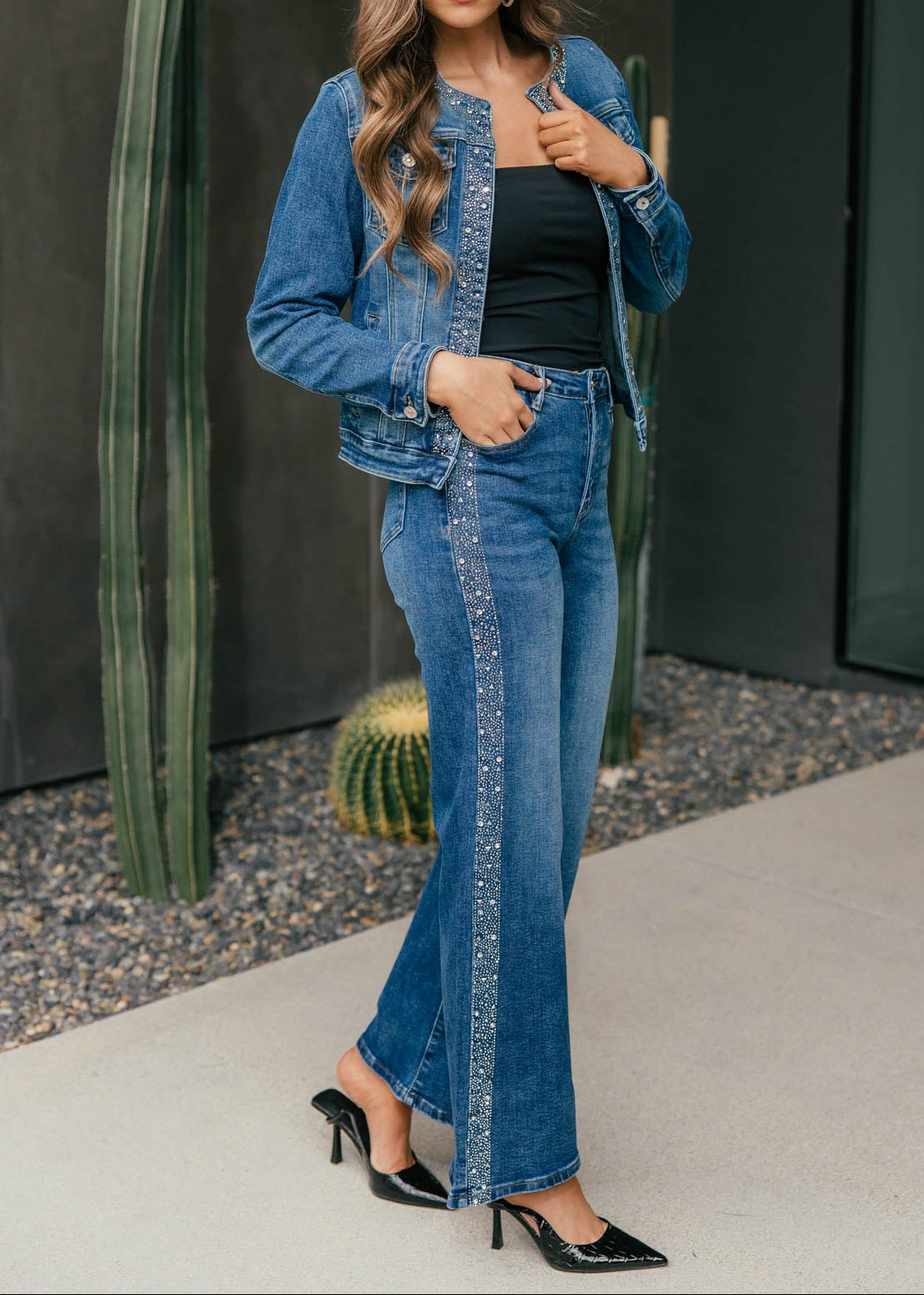 The "After Dark" Rhinestone Straight Leg Jean - Denim