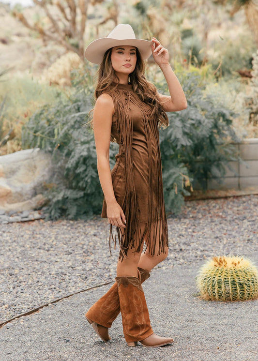 The "Prescott" Fringe Faux Suede Dress in Brown