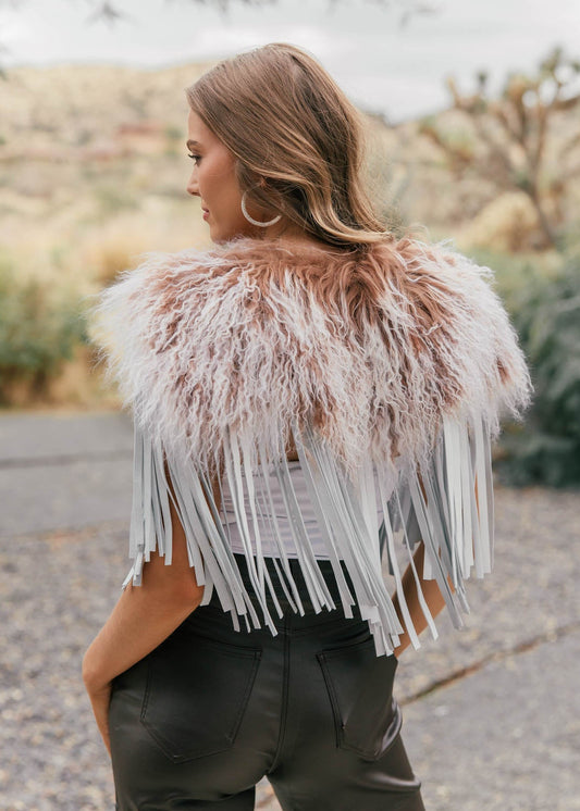 Vintage Mongolian Fur & Leather Fringe Collar