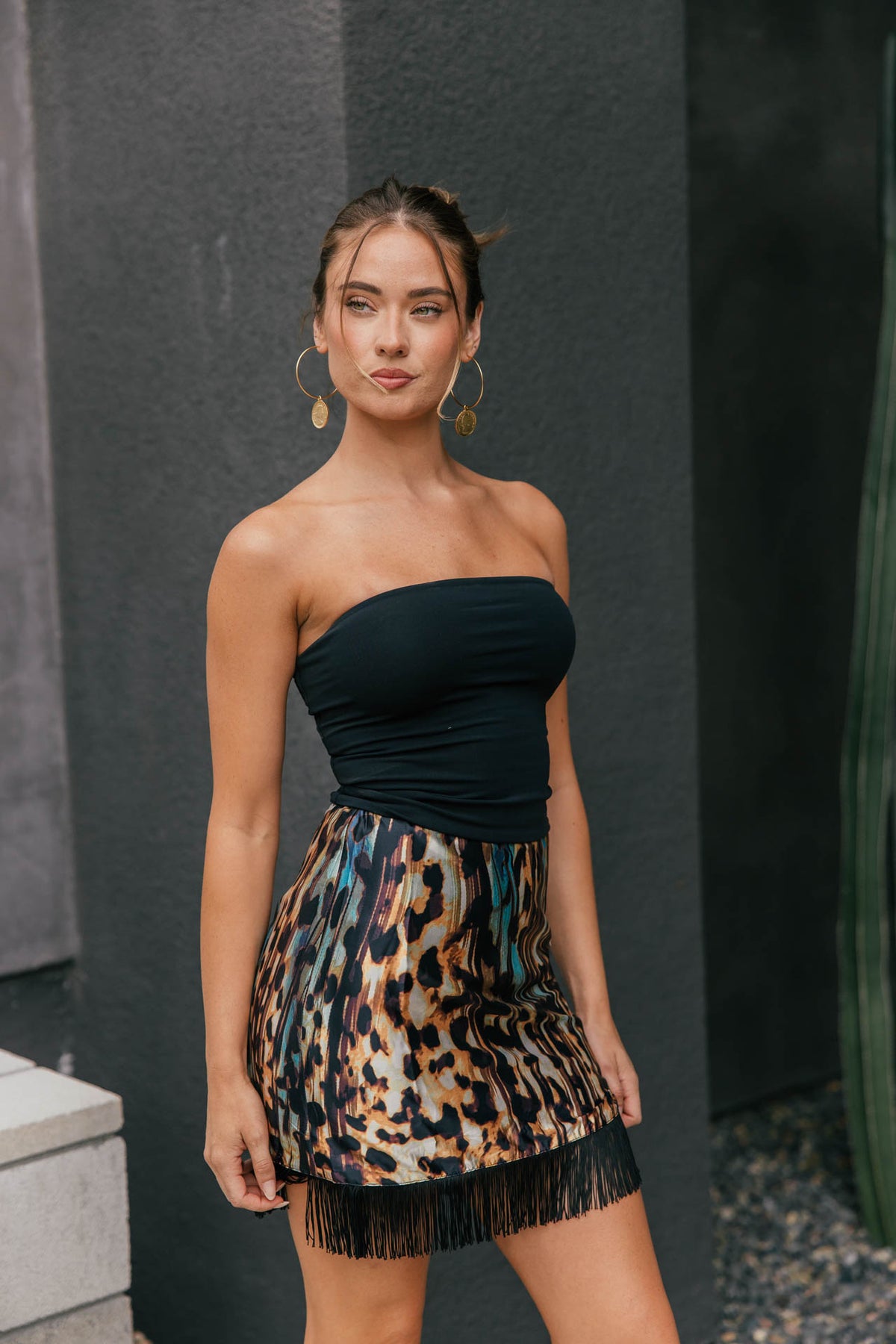Wild Child Animal Print Fringe Mini Skirt