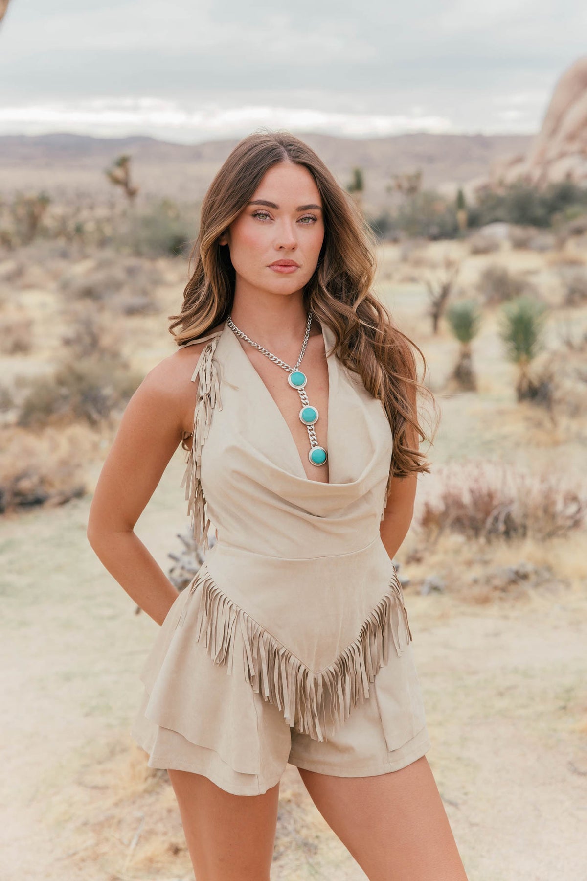 Dallas Suede Fringe Romper in Sand