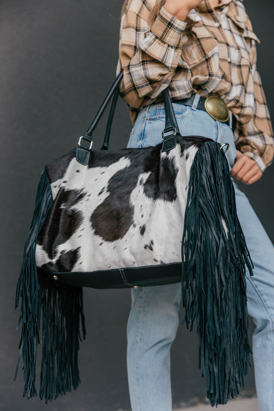 Cowhide Fringe Weekender Bag - Black