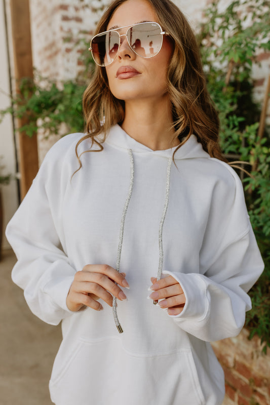 BEST SELLER!! Crystal Drawstring Sweatshirt in White