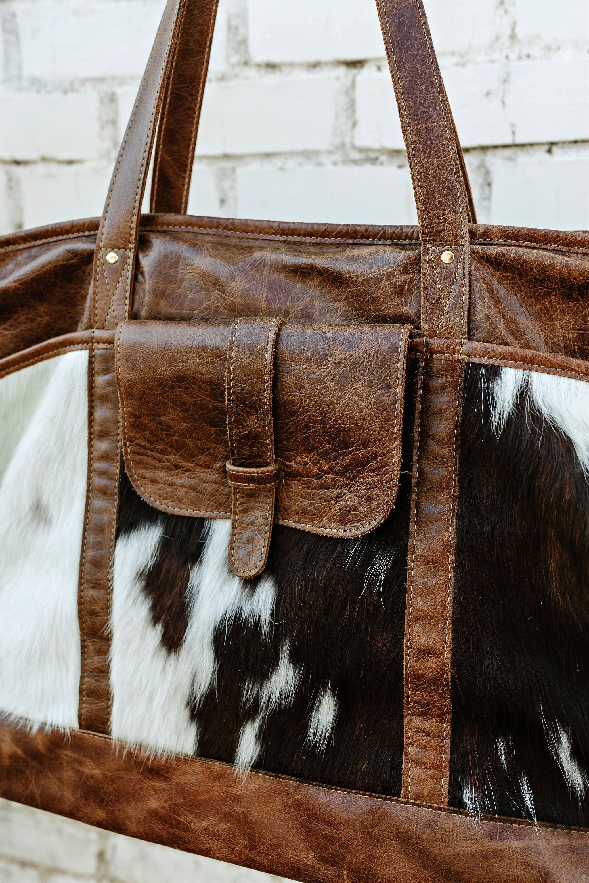 EXCLUSIVE Leather and Cowhide Travel Bag in Tri Color Glitzy Bella