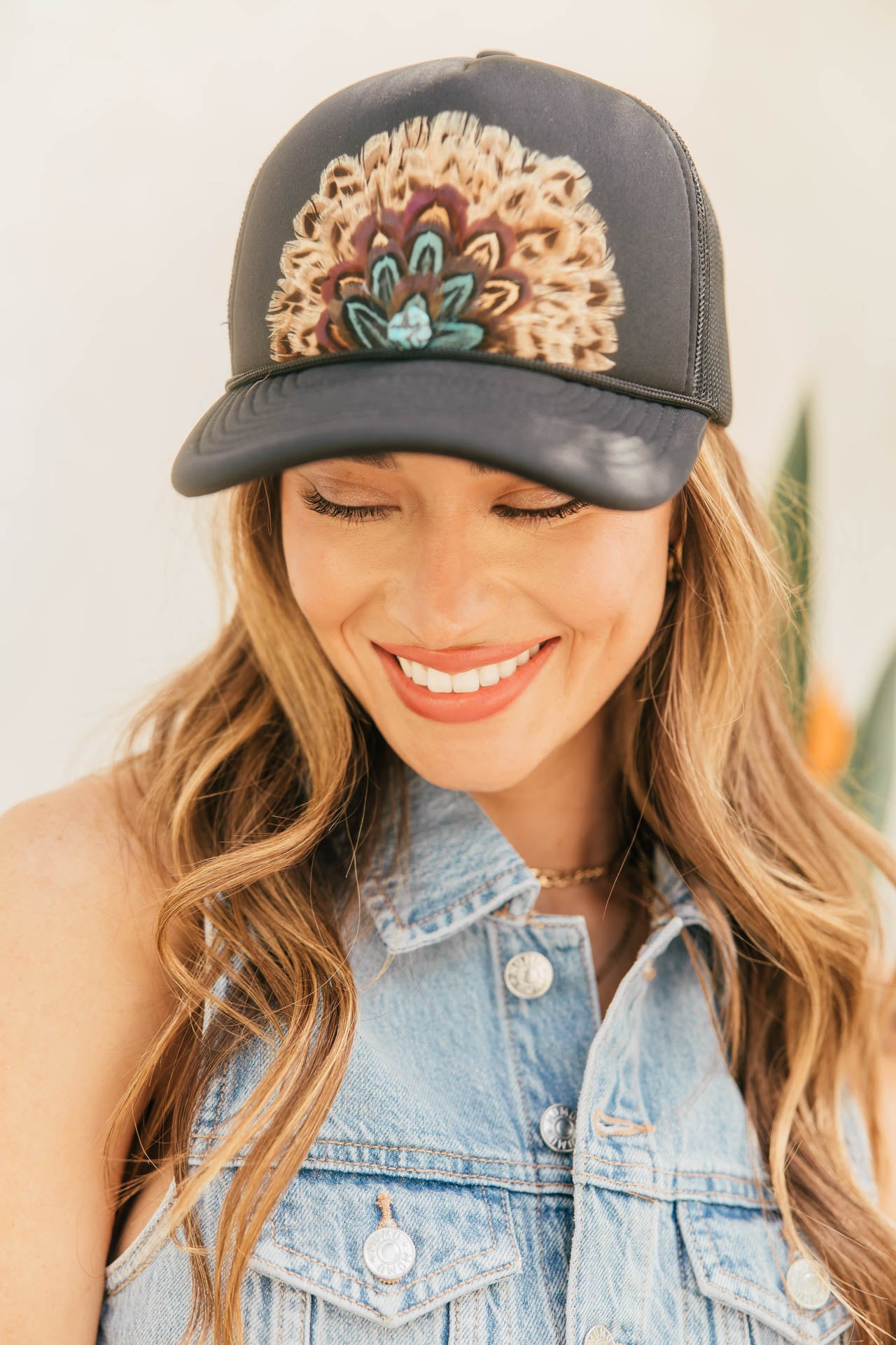 Feather Trucker Hat in Black