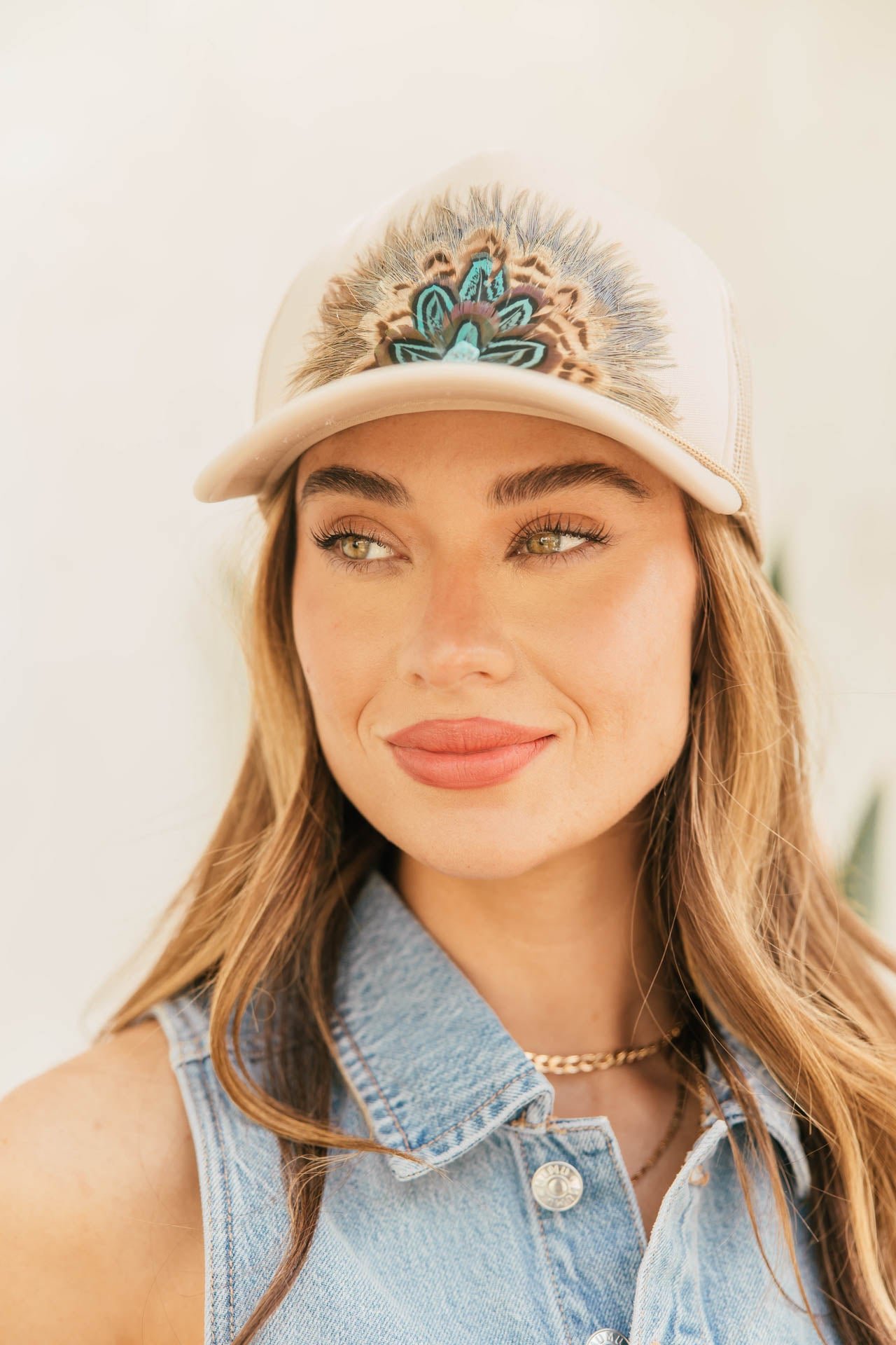 NEW!! Feather Trucker Hat in Tan