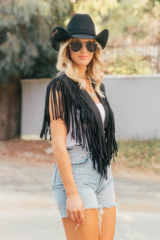NEW!! The "Bronc" Fringe Suede Shawl in Black