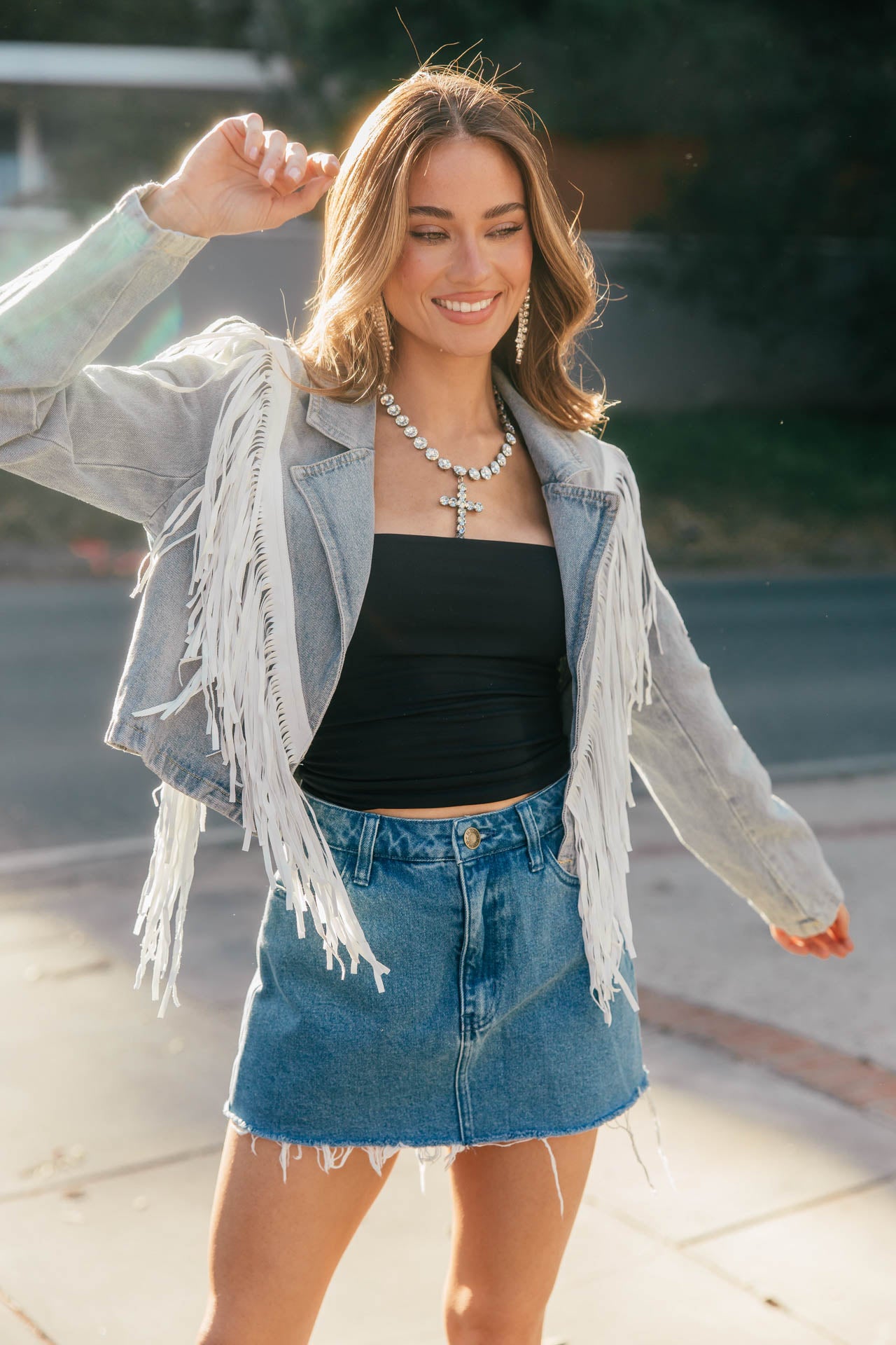 "Aspen" Cropped Fringe Denim Jacket in Light Wash