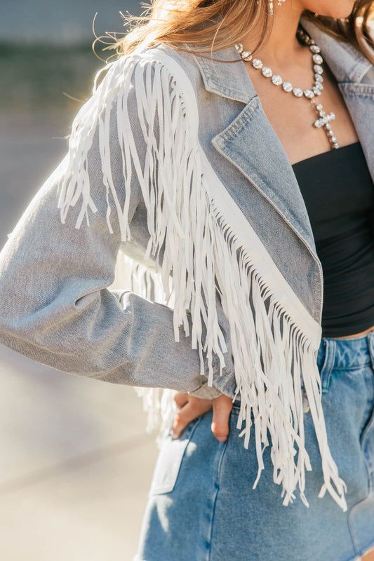 "Aspen" Cropped Fringe Denim Jacket in Light Wash