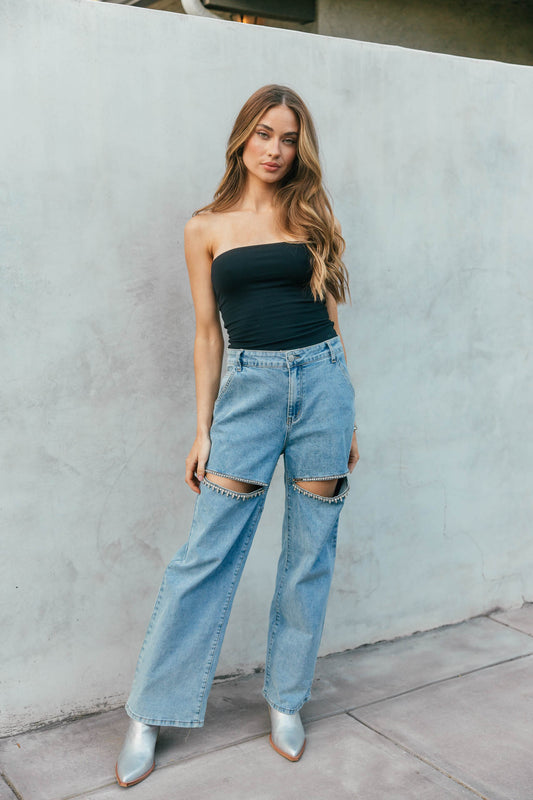 BEST SELLER!! The Nikki Denim Rhinestone Slit Jean