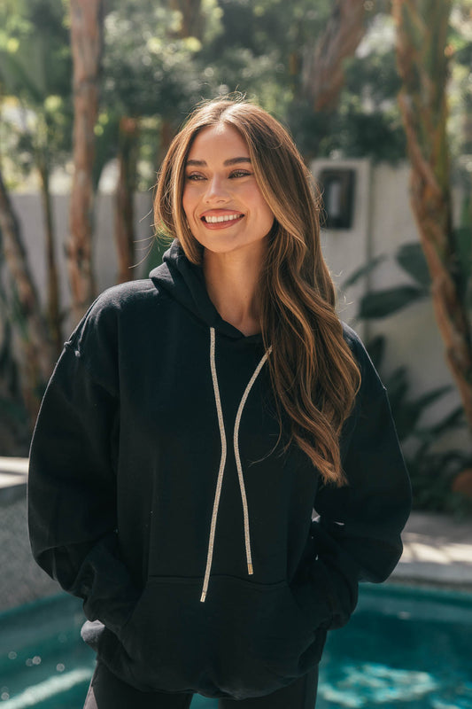 BEST SELLER!! Crystal Drawstring Sweatshirt in Black