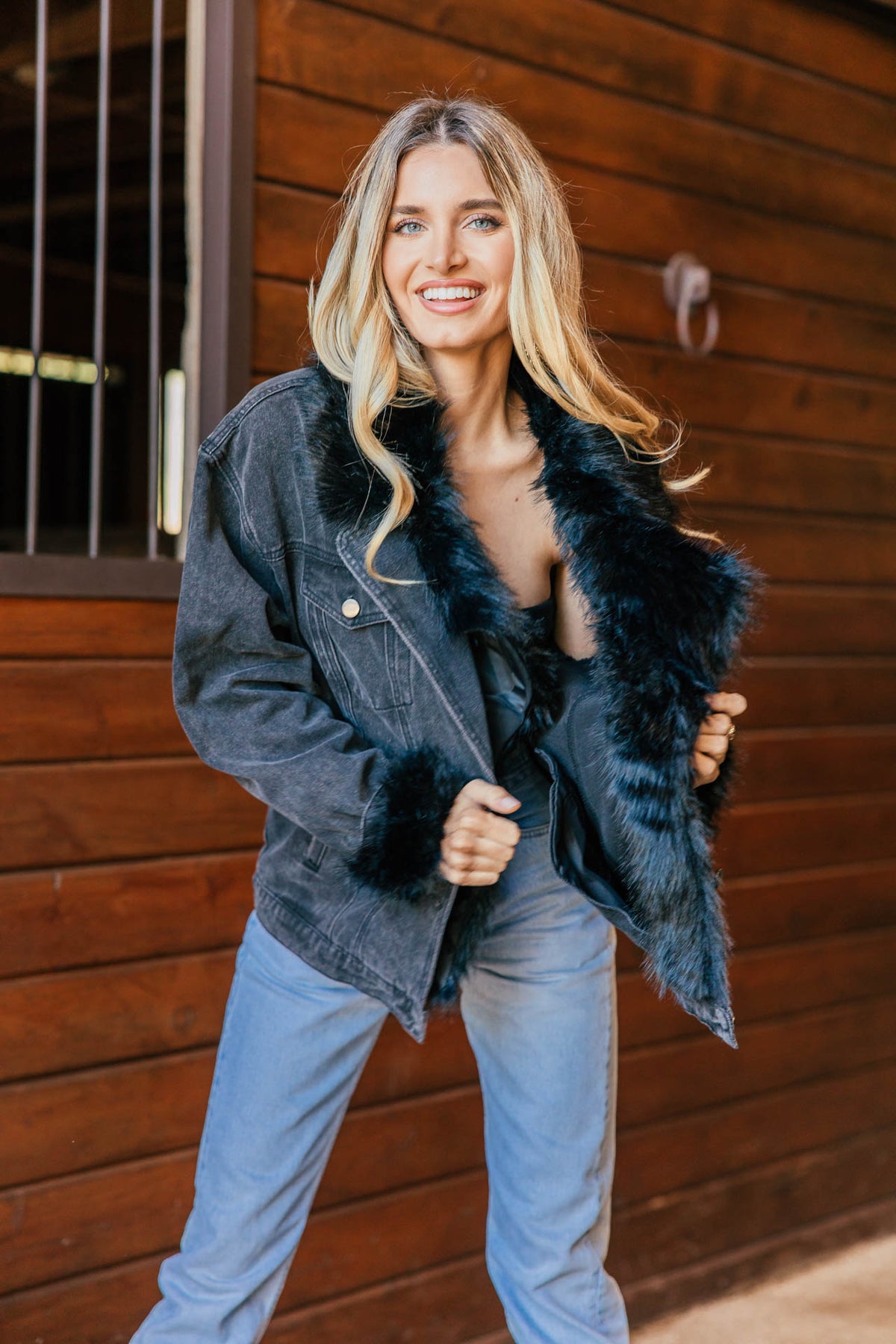Penny Faux Fur Denim Jacket in Black