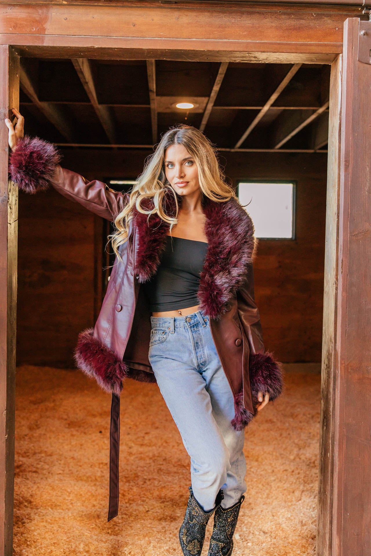 Main Character Faux Fur Lined Coat in Burgundy