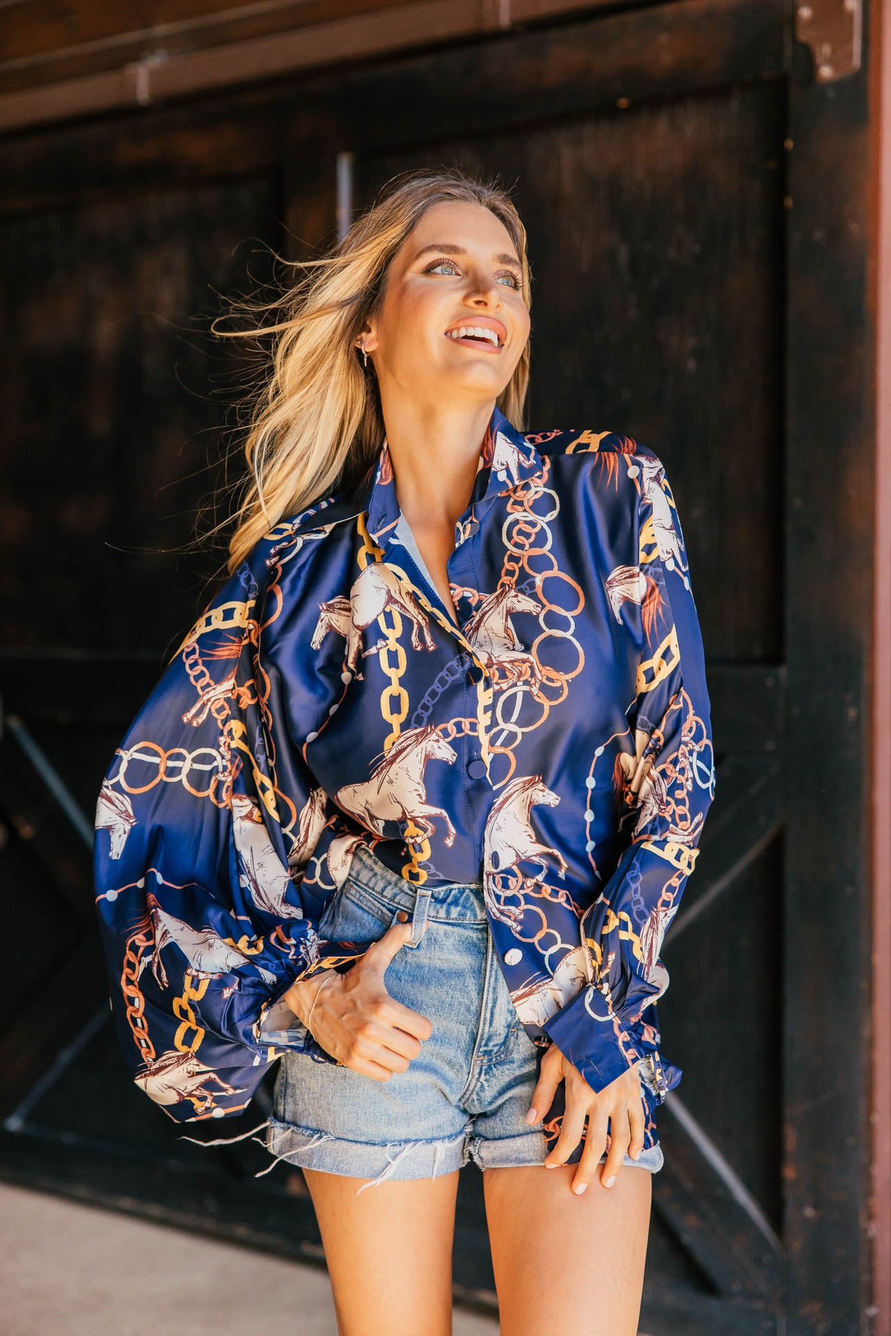 NEW!! Horseprint Satin Top in Navy