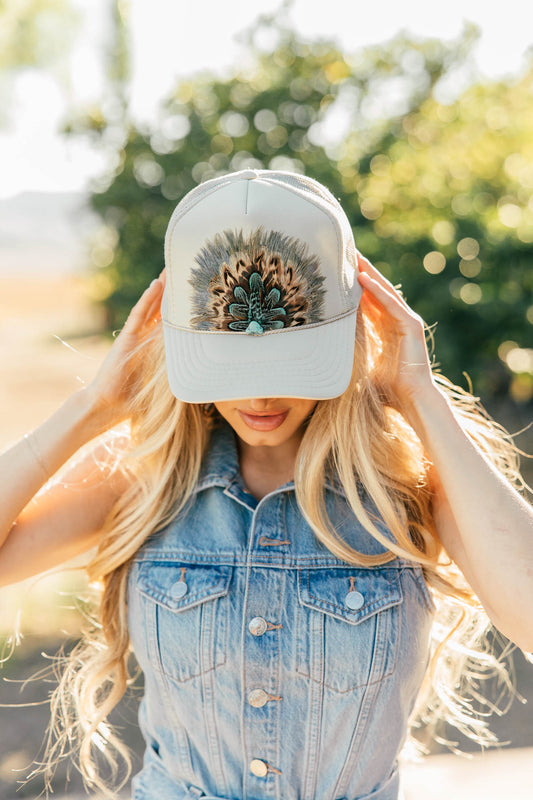 NEW!! Feather Trucker Hat in Tan