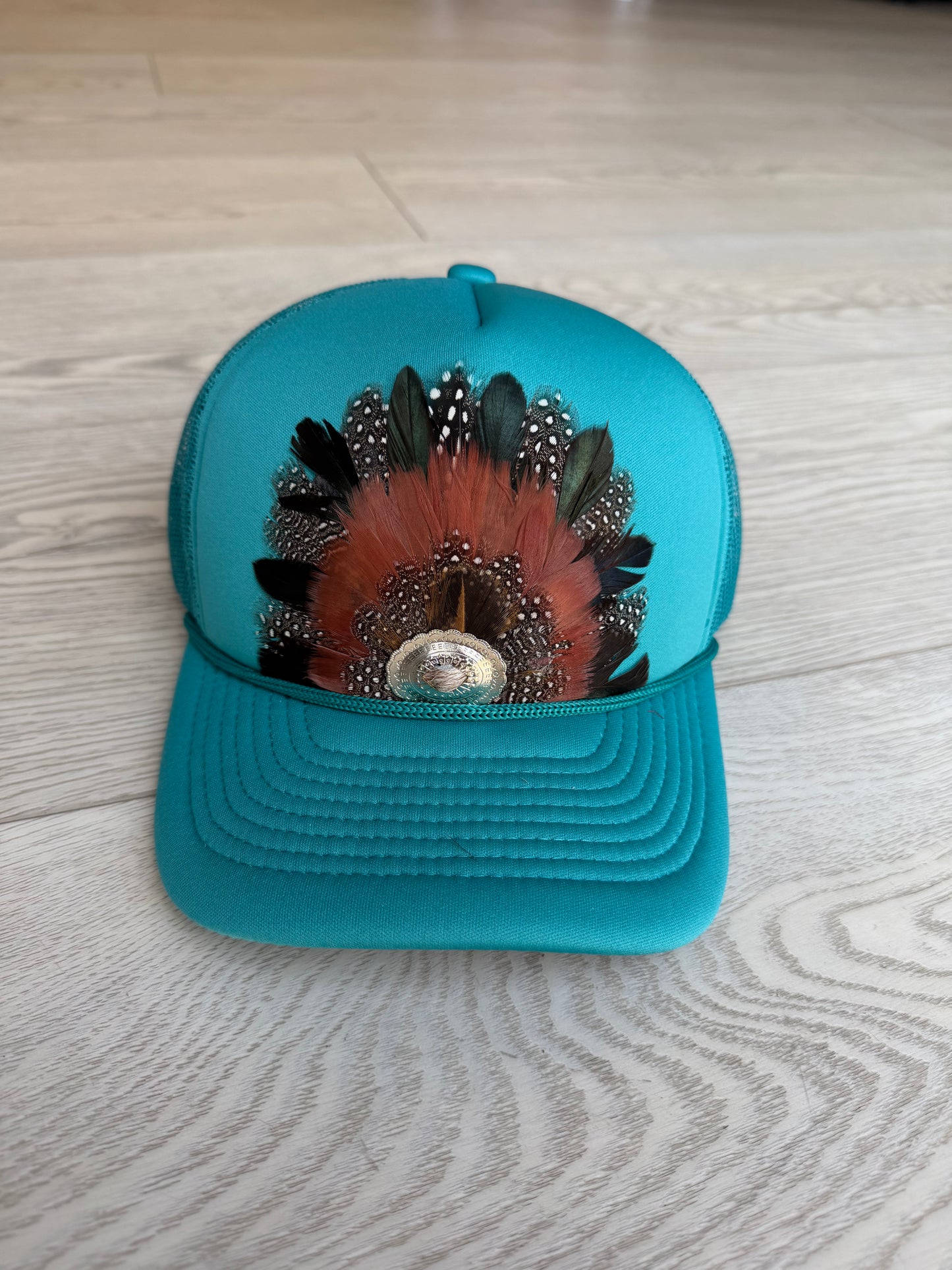 Feather Trucker Hat in Turquoise