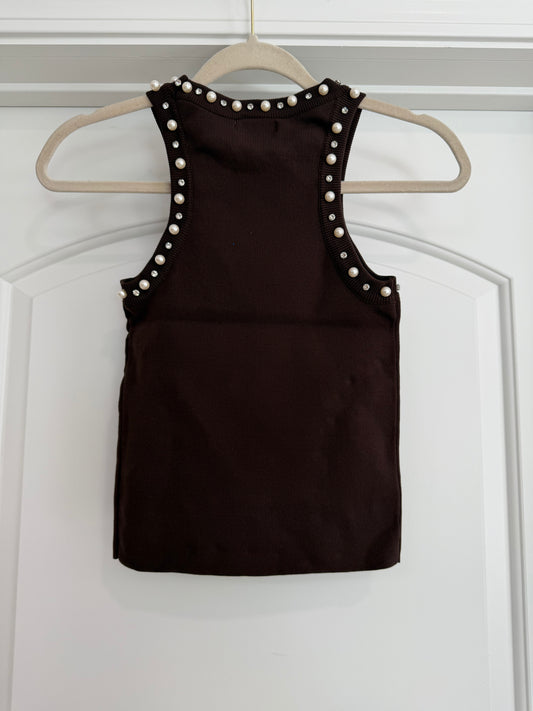 NEW!! Rhinestone and Pearl Tank in Brown