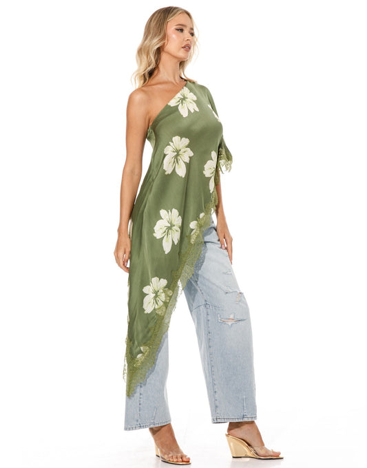 Asymmetric Lace Top in Green Floral