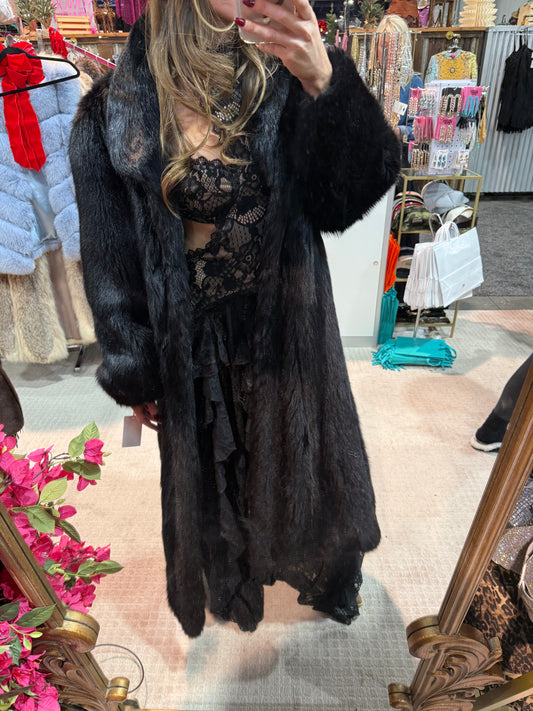 #S12 Vintage Dyed Black South American Fox Coat - Size Medium