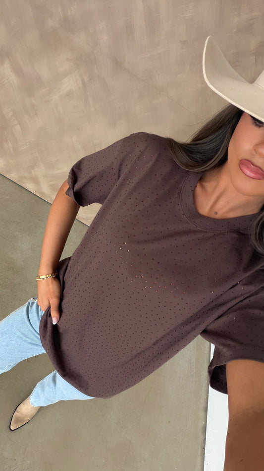 "Brooklyn" Rhinestone Tee in Brown