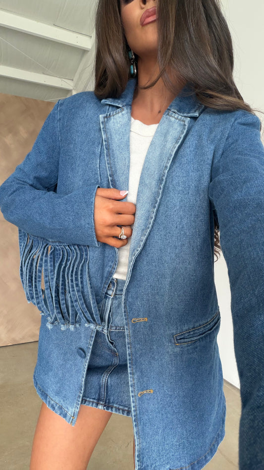 "Status Symbol" Denim Fringe Blazer