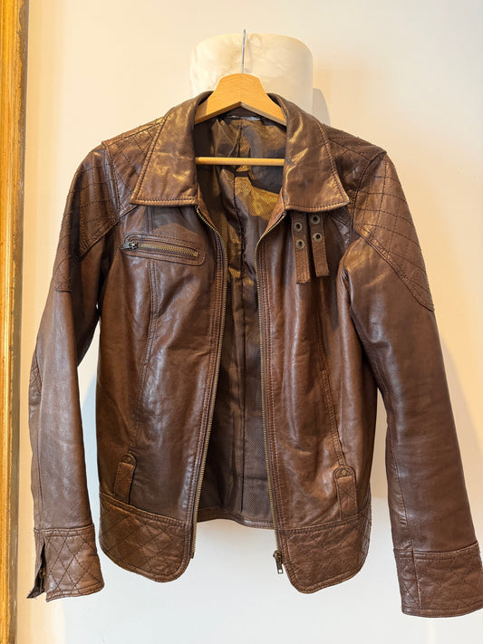 NEW!! Vintage Brown Leather Quilted Jacket Size XS