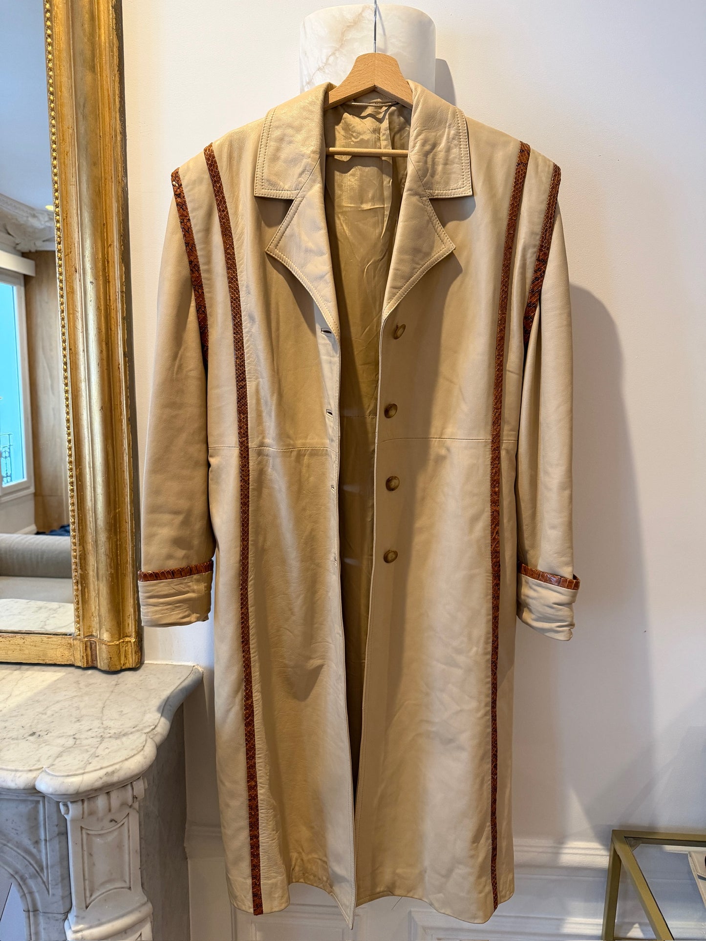 NEW!! Vintage Leather Trench w/ Snakeskin Trim Size Medium