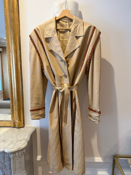 NEW!! Vintage Leather Trench w/ Snakeskin Trim Size Medium