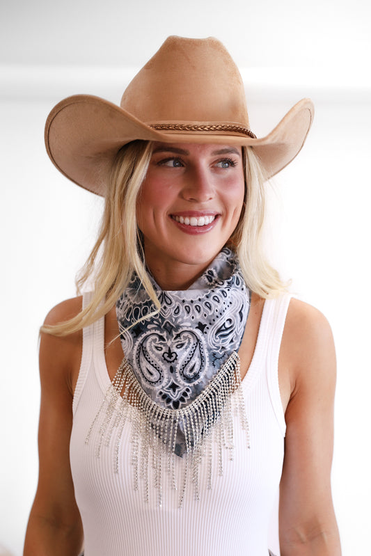 Crystal Fringe Bandana in Denim Blue Ombre