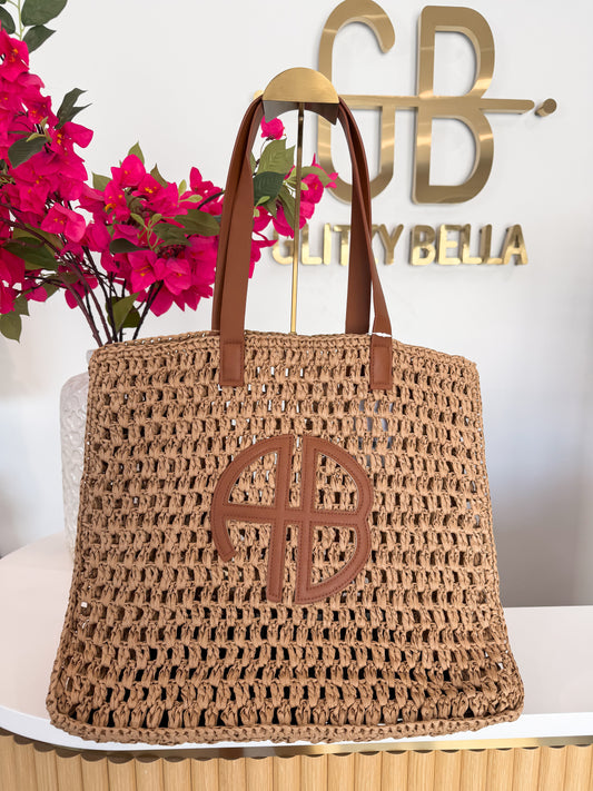 "At The Coast" Straw Beach Tote in Tan