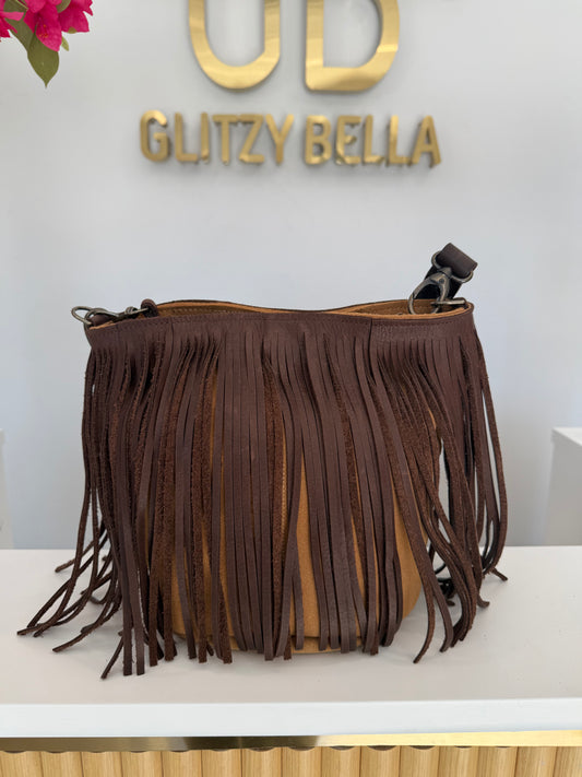 Large Fringe Bucket Bag in Camel