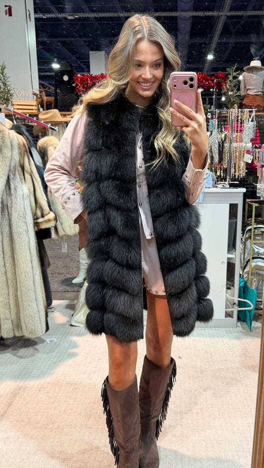 #156 Vintage Dyed Black Fox Vest Size Medium