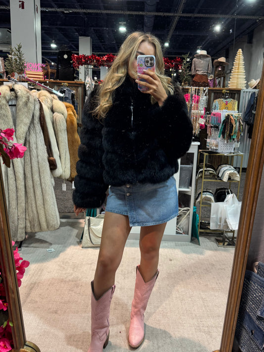 #S30 Vintage Dyed Black Fox Jacket Size Medium