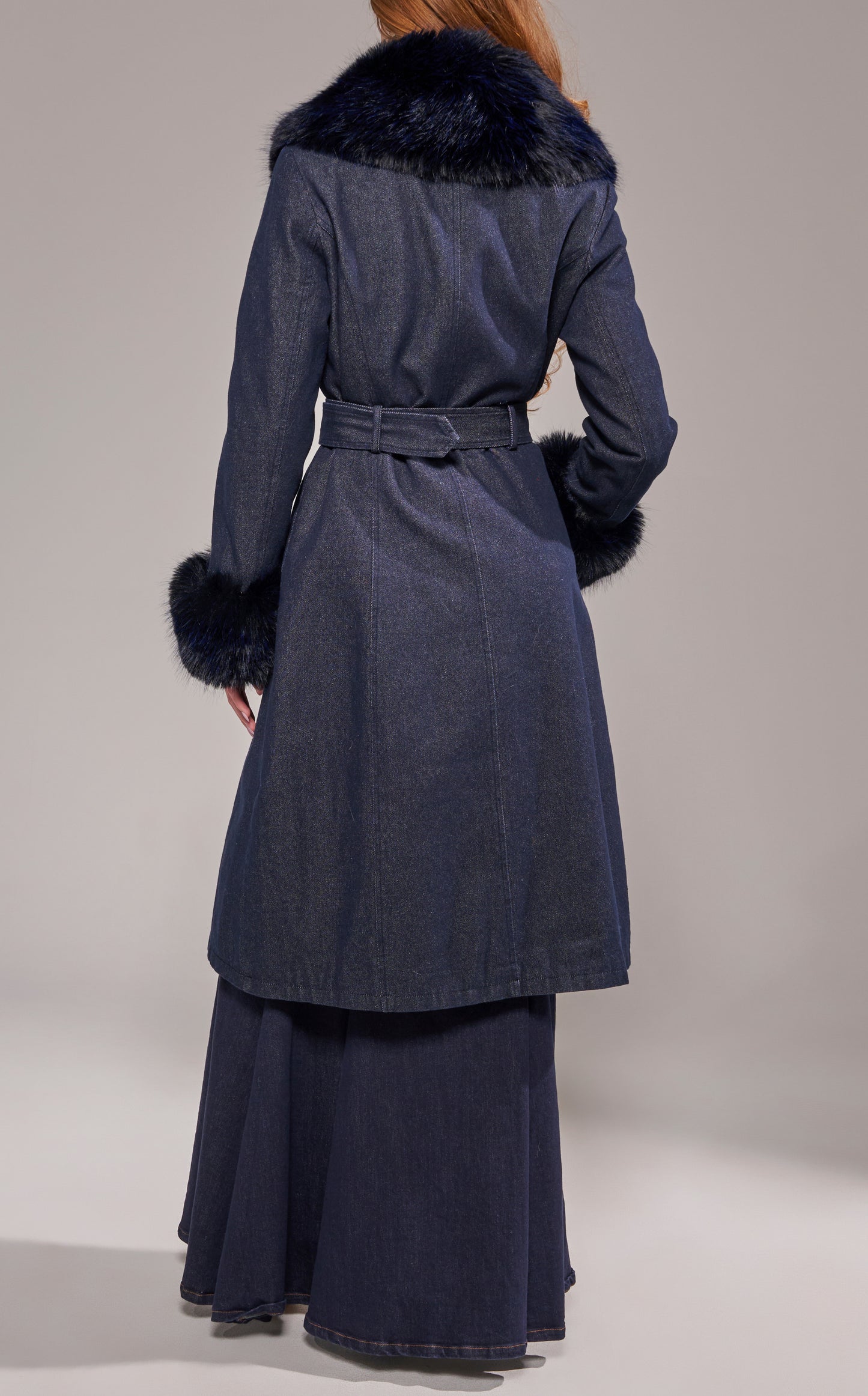 Denim and Faux Fur Trench in Dark Wash - PRE ORDER
